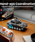 Dope RC Tiger Tank Building Set With 971 Pieces Dual Remote And App Control WW2 Military Tank Model on coffee table