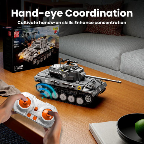 Dope RC Tiger Tank Building Set With 971 Pieces Dual Remote And App Control WW2 Military Tank Model on coffee table