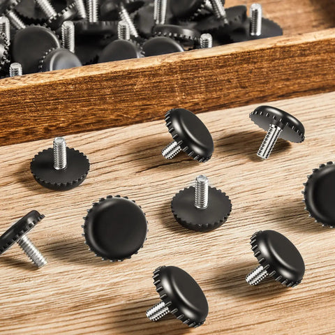 15 Pack 1/4 20 Adjustable Furniture Levelers Built From Heavy Duty Stainless Steel Screw In Feet displayed on a wooden surface.