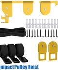 Ladder Storage Pulley Hoist Self Locking Hanger For Garage Ceiling Lift System components, screws, and straps displayed