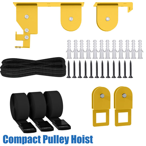 Ladder Storage Pulley Hoist Self Locking Hanger For Garage Ceiling Lift System components, screws, and straps displayed
