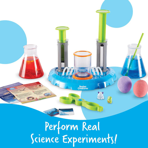 Beaker Creatures Liquid Reactor Super Lab STEM Toy Kit With Reactor Pods Hydroplungers Beakers Tongs And Stir Rod For Hands On Physics And Chemistry Experiments Classroom Or Homeschool Science Activity And Gift displayed with colorful lab components.