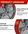 Heavy Duty Eight By Two Inch Industrial Casters Polyurethane And Steel Wheels Six Thousand Pound Capacity Built Tough For Shop Carts And Utility Dollies Rolls Easy No Sweat Swivel Lock Brakes Pack Of Four close-up of polyurethane wheel details.
