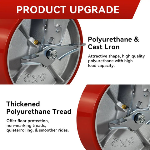Heavy Duty Eight By Two Inch Industrial Casters Polyurethane And Steel Wheels Six Thousand Pound Capacity Built Tough For Shop Carts And Utility Dollies Rolls Easy No Sweat Swivel Lock Brakes Pack Of Four close-up of polyurethane wheel details.