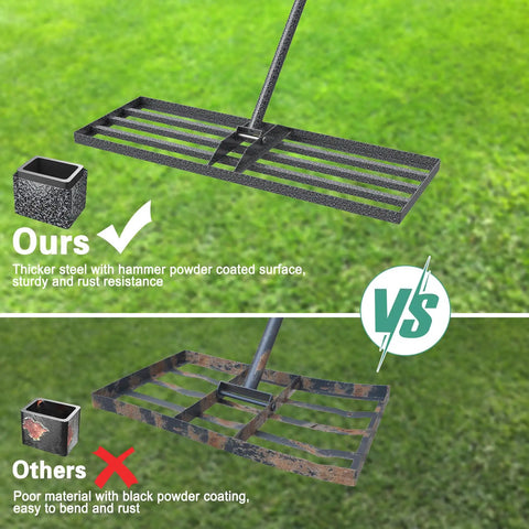 Comparison of Lawn Leveling Rake 30x10 Heavy Duty With Anti Rust Coating and a rusty rake on grass.