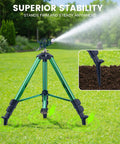 Heavy Duty Lawn Sprinkler On Tripod Base With 360 Degree Coverage Reaches 45 Feet At 80 PSI spraying water on grass