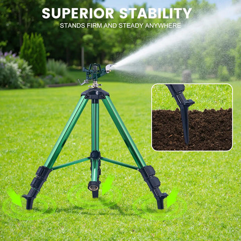 Heavy Duty Lawn Sprinkler On Tripod Base With 360 Degree Coverage Reaches 45 Feet At 80 PSI spraying water on grass
