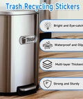 Metal trash can with a self-adhesive waterproof brushed silver compost and recycling sticker, suitable for kitchen or office use.