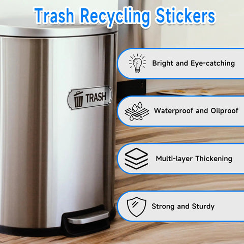 Metal trash can with a self-adhesive waterproof brushed silver compost and recycling sticker, suitable for kitchen or office use.