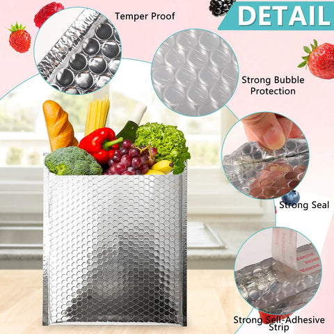 Metallic Thermal Bubble Mailers 8x11 Inches Waterproof Padded Envelopes Self Seal Foil Mailing Envelopes Insulated Shipping Bags For Cold Shipping Silver Pack Of 25 Keep Your Stuff Safe And Sound While Shipping displaying a filled envelope with food and features like bubble protection and adhesive strip.