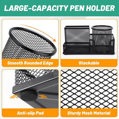 Four Pack Mesh Metal Pen Cup Desk Organizer Set With Two Three Compartment Pencil Holders And Two Round Holders Keeps Your Desk Neat And Clutter Free Like A Boss And Great For Pens Pencils Scissors Markers And Other Small Tools showing features like smooth edges and anti-slip pad