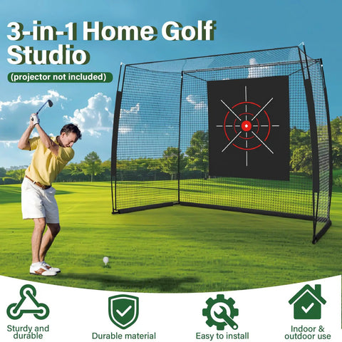 Golf Simulator Enclosure With 270 Degree Protection And 3 In 1 Home Golf Studio with net and target for indoor outdoor use