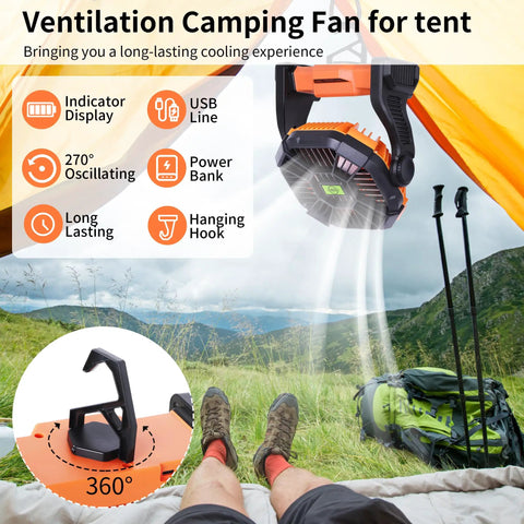 Portable USB Camping Fan With 20000mAh Battery Cordless Rechargeable Personal Fan With LED Light And Hanging Hook for tent