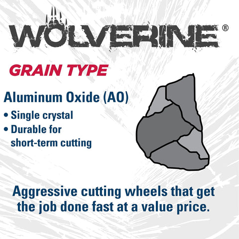 Wolverine abrasive wheel packaging front showing brand logo and Aluminum Oxide (AO) grain type.
