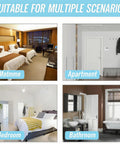 Four different rooms titled suitable for multiple scenarios: hotel room, apartment entrance, bedroom, bathroom.