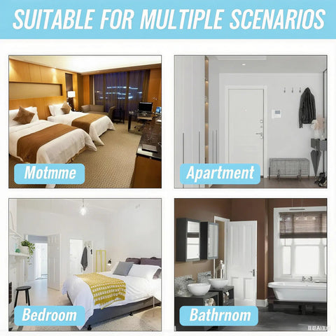 Four different rooms titled suitable for multiple scenarios: hotel room, apartment entrance, bedroom, bathroom.