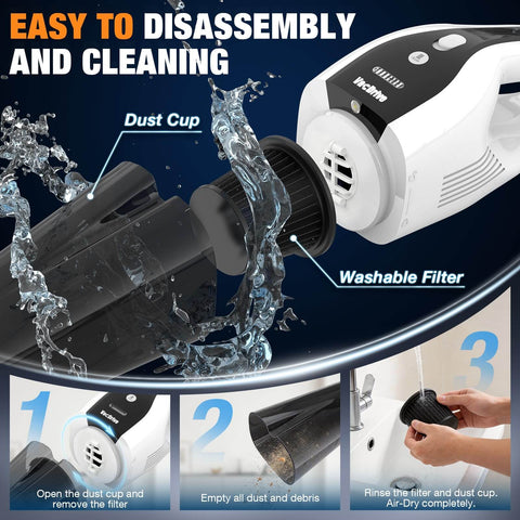 Powerful Cordless Handheld Vacuum For Car And Home With Brushless Motor And Beast Suction Rechargeable Portable Cleaner Washable Filter Pet Hair Removal White And Black showing disassembled washable filter and dust cup cleaning process.