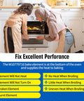 Two people checking oven with Range Oven Bake Element Replacement 240V 3600W For Whirlpool KitchenAid Maytag Ovens Easy Install Get Your Oven Back On Track With Full Heat And Even Baking instructions displayed.