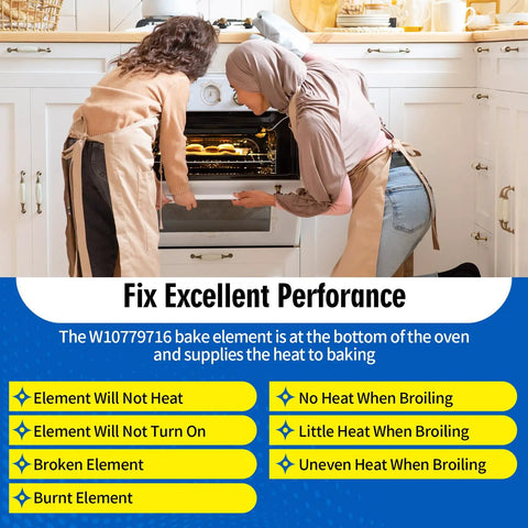 Two people checking oven with Range Oven Bake Element Replacement 240V 3600W For Whirlpool KitchenAid Maytag Ovens Easy Install Get Your Oven Back On Track With Full Heat And Even Baking instructions displayed.