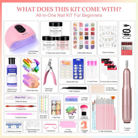 Detailed view of the Three Color Acrylic Nail Powder Starter Kit with Electric Nail Drill and UV Light Pro Tools Set contents