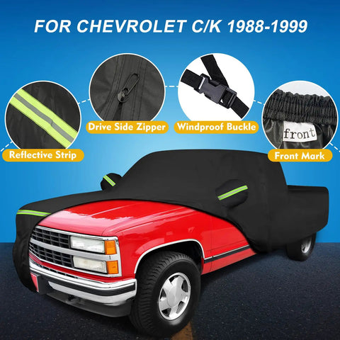 Waterproof Rugged Truck Cover for Chevy Silverado C K 1500 2500 3500 1988 1999 on red truck with zipper and windproof features