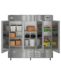 Built To Last Straight Up Heavy Duty Three Door Stainless Steel Commercial Reach In Refrigerator 72 Cubic Feet with contents displayed