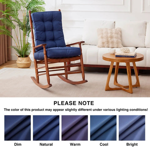 Rocking Chair Cushions Set Navy Blue Tufted Waterproof Fade Resistant Indoor Outdoor Cushions With Ties Includes 17x17 Inch Seat Cushion And 21x17 Inch Back Cushion shown on wooden rocking chair in living room setting.