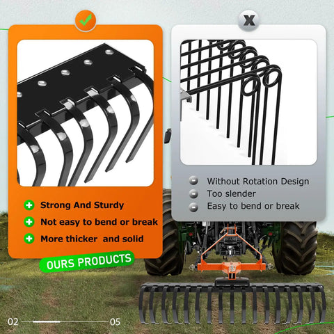 3 Point Rock Rake For Category 0 Tractors With 360 Degree Rotation Replaceable Spring Tines And Pin Hitch Tow Behind
