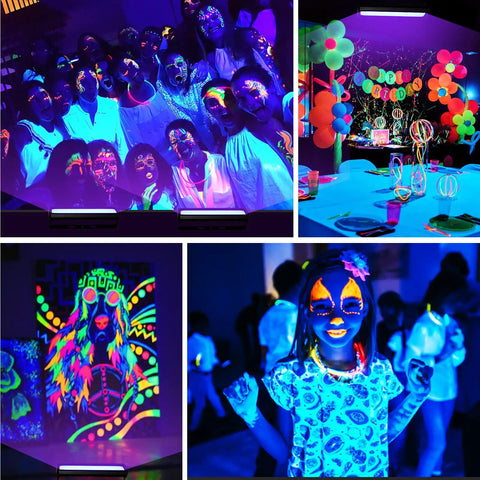 Two Pack 50W LED Black Light Bar For Glow Parties And Party Vibes, UV 395-400nm Plus RGB Flood Lights illuminating party setup