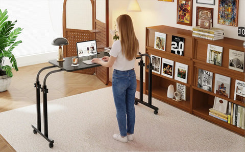 Super Adjustable Mobile Recliner Desk With Smooth Cruising Wheels Hella Flexible Overbed Table For Laptop Working, shown in use