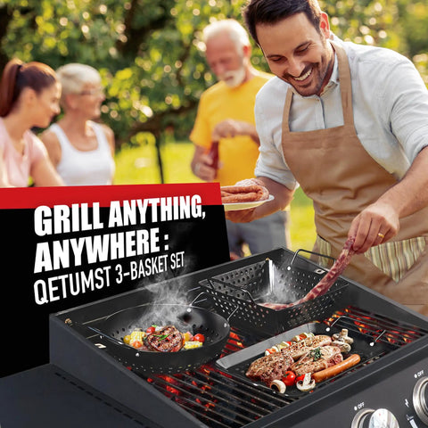 Man grilling with Small Nonstick 3 Piece Grill Basket Set for Vegetables Seafood and Meat, perfect for BBQ on charcoal and gas grills.