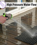 Stainless Steel Garden Hose 25 Ft Heavy Duty Flexible Water Hose With 10 Function Spray Nozzle in use on wooden deck