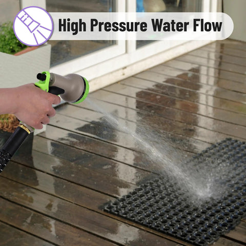 Stainless Steel Garden Hose 25 Ft Heavy Duty Flexible Water Hose With 10 Function Spray Nozzle in use on wooden deck