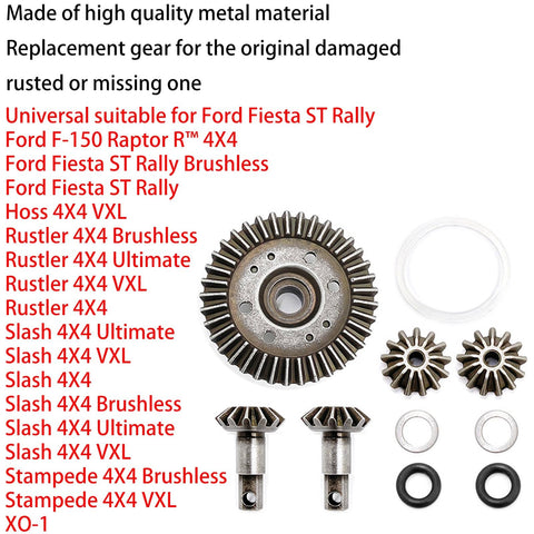 Upgraded Differential Gear Set Kit For 1/10 RC Cars includes metal spur gear, output gears, spider gears for Slash 4x4, XO1, Stampede.