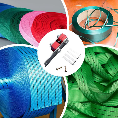 Pallet Strapping Tool With Thickened Ergonomic Handle And Easy Grip Belt Opener surrounded by colorful straps and accessories