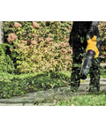 Person using FlexVolt 60V Max Cordless Leaf Blower With 125 MPH Air And 600 CFM For Quick Debris Cleanup on garden path