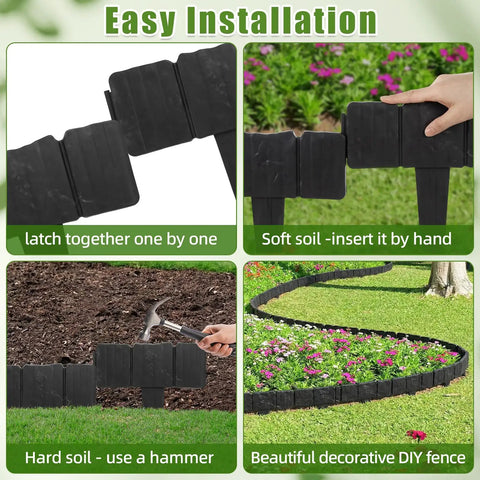 Collage of 48 Pcs Landscaping Edging Border Kit With Interlocking Stakes For Lawn And Garden 37 Feet Black Plastic Border Fence