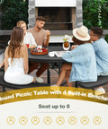 Round Outdoor Picnic Table For Eight With Built In Benches, Umbrella Hole, Sturdy Metal Frame And HDPE Top in backyard setting