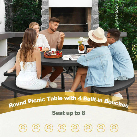 Round Outdoor Picnic Table For Eight With Built In Benches, Umbrella Hole, Sturdy Metal Frame And HDPE Top in backyard setting
