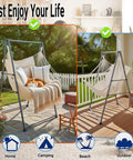All-In-One Hammock Chair Set With Foldable Stand And XL Swing Chair With Footrest shown on patio, anti-tip iron frame, indoor-outdoor use.