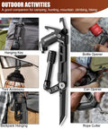 8 In 1 Heavy Duty Carabiner Multitool EDC shown hanging on backpack, opening bottle, cutting rope, and as can opener.