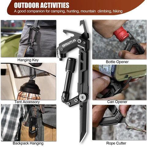 8 In 1 Heavy Duty Carabiner Multitool EDC shown hanging on backpack, opening bottle, cutting rope, and as can opener.
