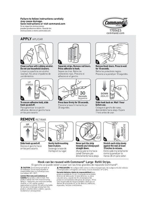 Instructions for 7.5 Lb Jumbo Utility Hook Kit With 1 Wall Hook And 4 Adhesive Strips No Tools Needed Damage Free Hanger For Organization And Storage Holds Backpacks Coats Towels And Decor