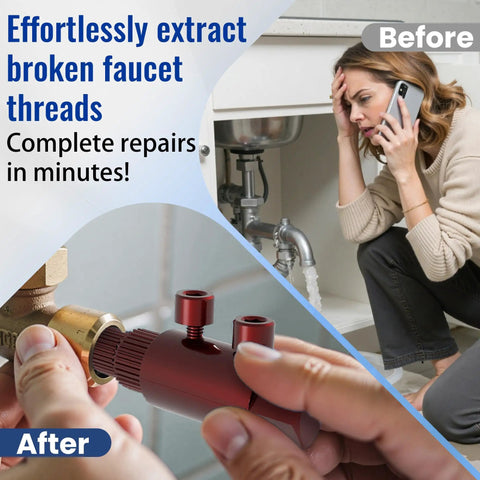 Broken Threaded Pipe Extractor Tool For Half Inch Three Quarter Inch And One Inch Pipes in use on faucet under sink
