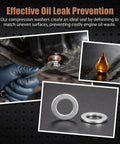 Oil Drain Plug Crush Washer Kit for Cars, showing aluminum and copper washers with wrench and oil drop on black background