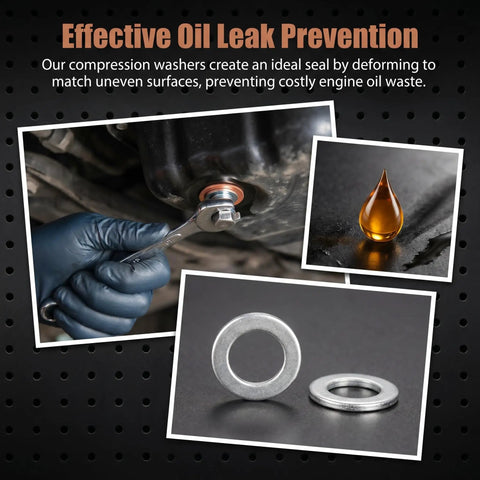 Oil Drain Plug Crush Washer Kit for Cars, showing aluminum and copper washers with wrench and oil drop on black background