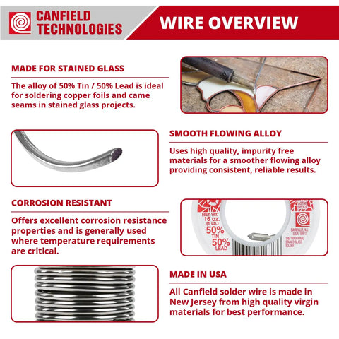 Infographic detailing Stained Glass Solder 50 50 For Crafty Glass Projects 1 Lb Spool Made In USA With Virgin Tin And Lead specifications.