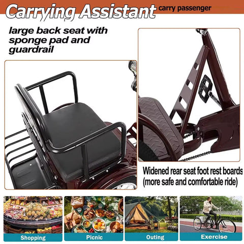 Three Wheel Pedal Tricycle Cruiser For Seniors And Adults with back seat and guardrail; supports up to 440 pounds, rear view.