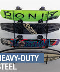 Four Level Wakeboard Wall Mount Rack For Garage And Boat House - Heavy Duty Wake Surf Board Rack with boards displayed on padded arms