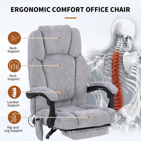 Massage Office Chair With Foot Rest And Heat High Back Six Vibration Points For Ultra Comfy Recline Executive Desk Chair Big And Tall Office Chair Up To 400lbs Ergonomic Managerial Chair Grey with skeleton graphic showing support areas.